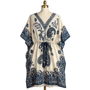 Womens 2X Boho Paisley Caftan Tunic Dress VNeck Resort Blue Cream Swimsuit Cover